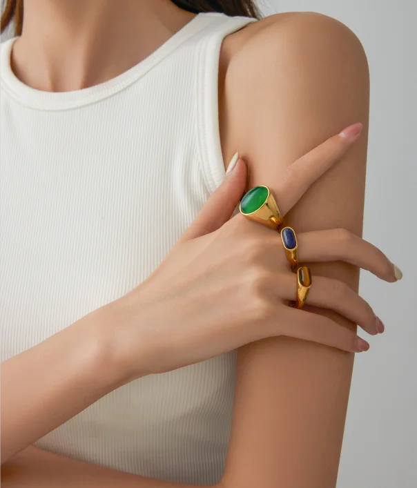 Waterproof High-quality Steel Green Opal Gold Ring Stainless Steel Rings For Men Women