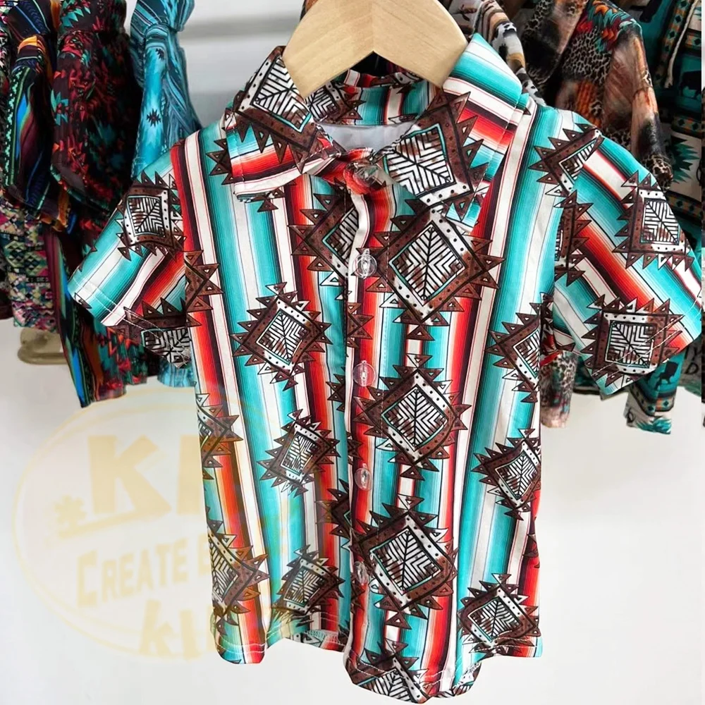 Hot selling western aztec cowboy printing boys t-shirt kids summer polo shirt custom kids baby cloth t shirts