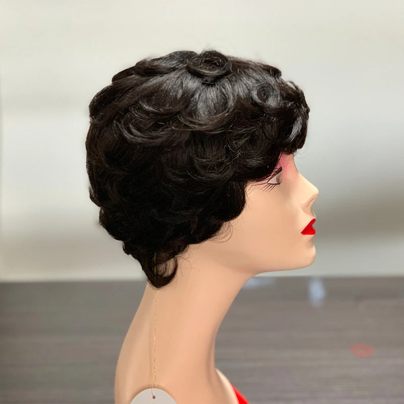 Machine made short wavy human hair wig with fringe