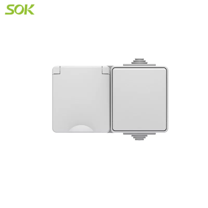 2 Way Light Switch and 2 Round Pin Power Outlet with Shutter Surface Mounted Horizontal Type Wall Electrical Switch Sockets Eu