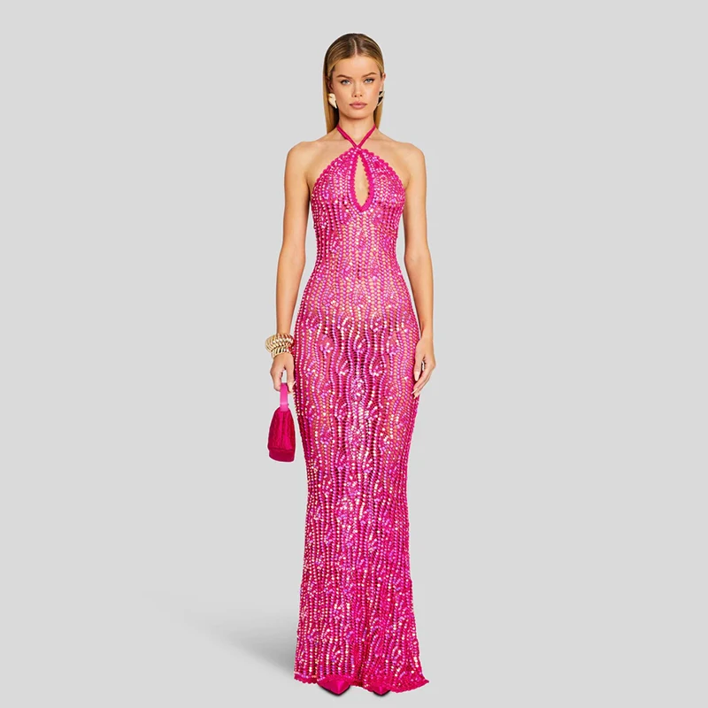 China Manufacturer Knitted Sequin Crochet Dress Sleeveless Halter Club Dresses Bodycon Cocktail Sequin Evening Dresses