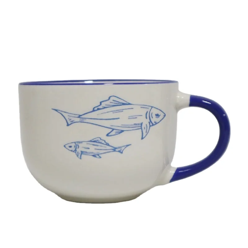 
Custom Ceramic Mug Soup Mug with Inner Color Glazed for Wholesale Printed Pattern and Blue Rim with Handle 