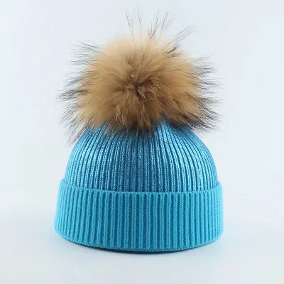 Newest winter hat mommy and me warm chunky knit hat crochet family matching beanie cap with real fur pompom