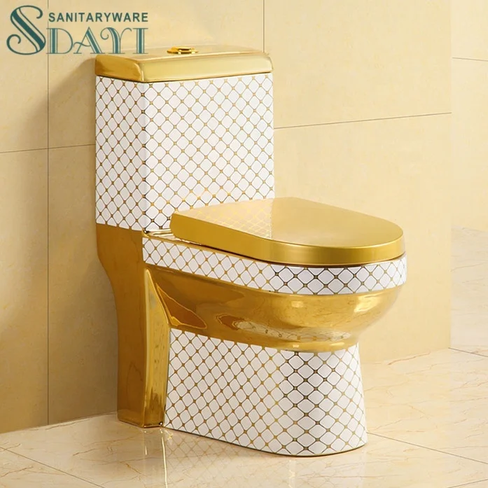 SDAYI Luxury Modern Golden White Toilet Commode Wc Sanitary Ware Bowl Porcelain Gold Plating Bathroom Ceramic Grid Toilet