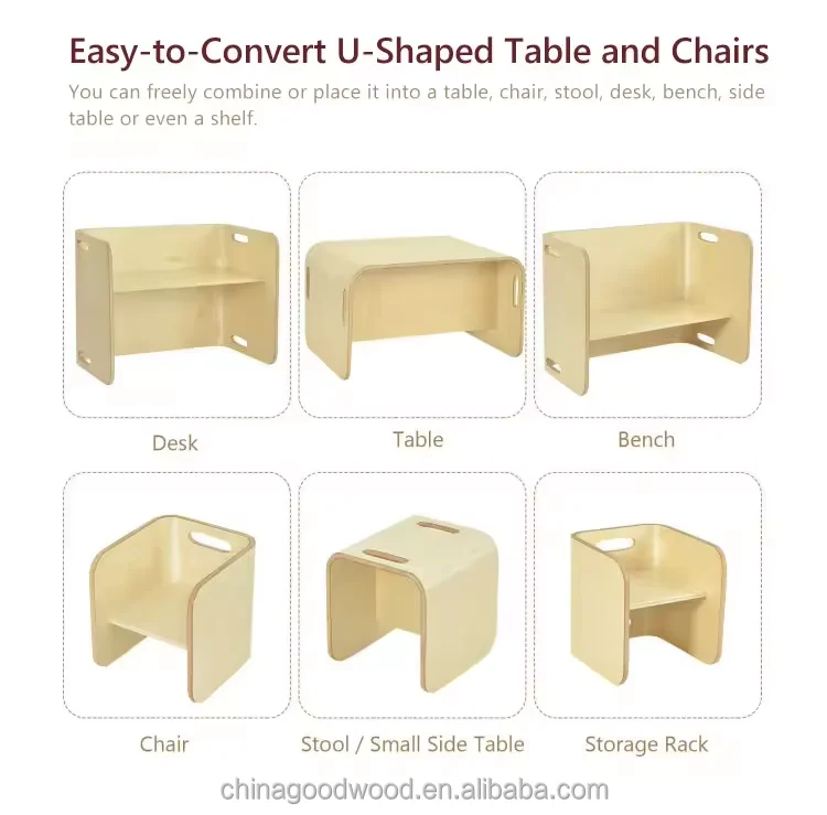 Kids U-shaped birch plywood table and chair set learning study desk multi-function kids furniture school chair