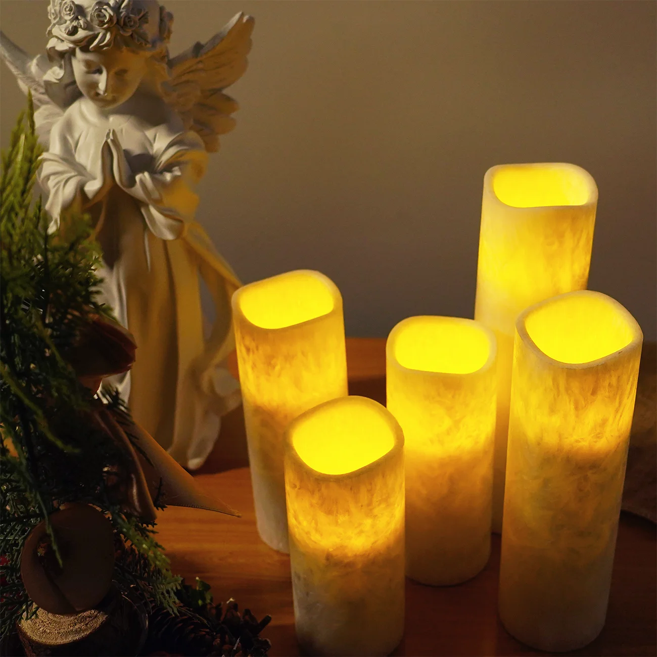 kakoya Set of 5 LED Crystalline wax Flickering Candles Flameless Pillar Candle 24 Hours Timer remote Wedding Party