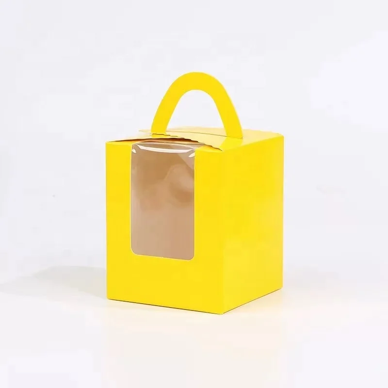 100 PCS Single Cupcake Carriers with Window Insert and Handle Yellow Kraft Individual Cupcake boxes for Bakery Pastry Muffins