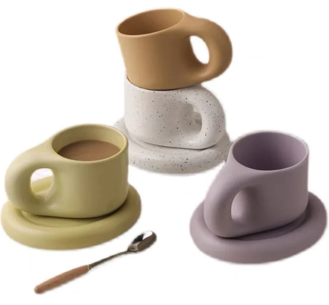 Nordic Cute Coffee Ceramic Chubby Mug Cup With Saucer