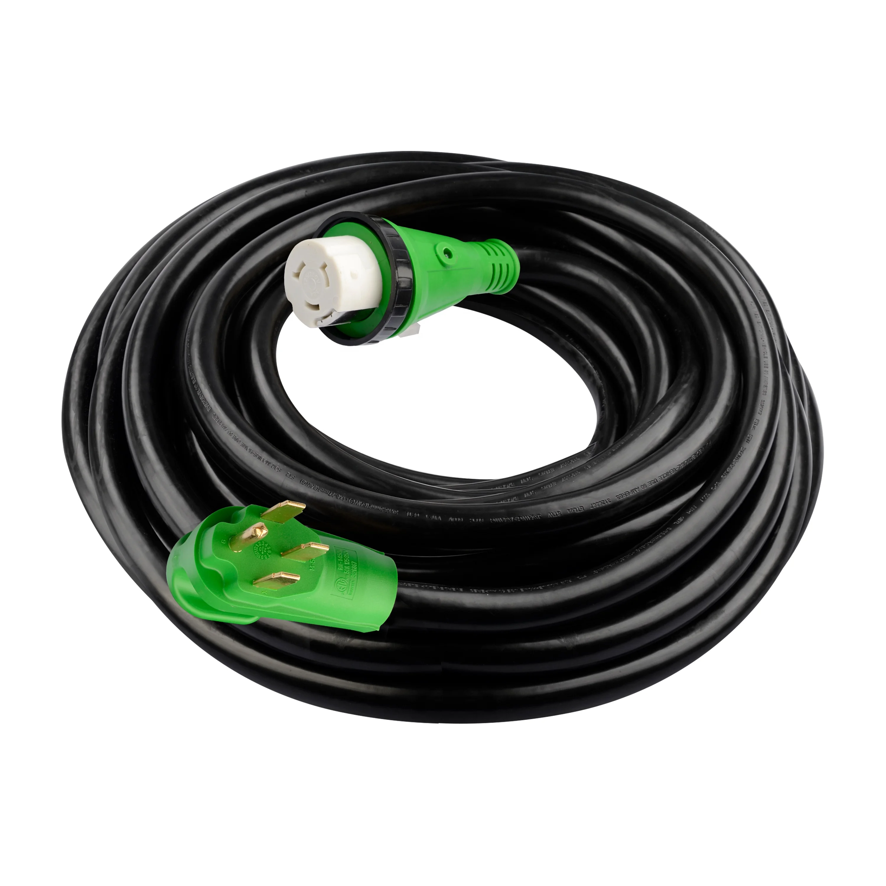 J521 50 Amp 50 Feet RV Power Extension Cord Heavy Duty STW Wire with LED Light NEMA 14-50P to SS2-50R Locking Connector Green