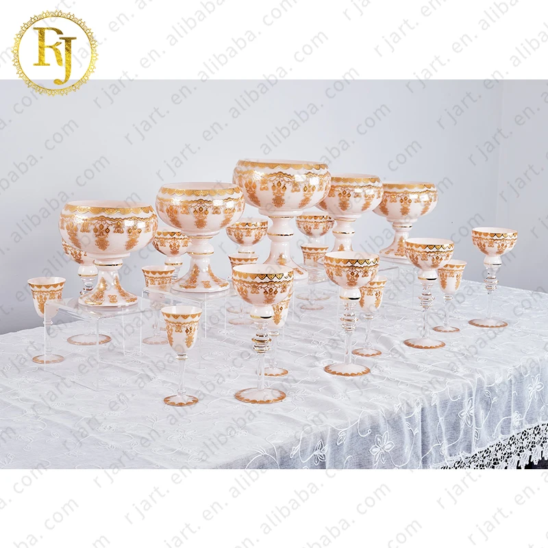 Uzbek Kazakh Glass Gold Pattern Skidki Idishlar Muslim snack ceramic plate fruit Chinni Posuda fruit bowl glass footed
