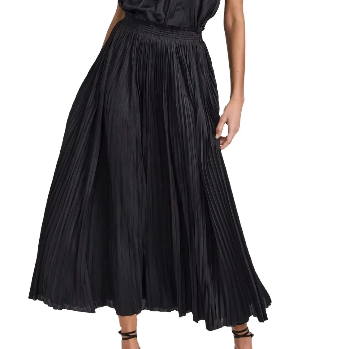 Hot Sale Custom Fashion Wear Chiffon Black Solid Color Long Pleated Skirt For Women