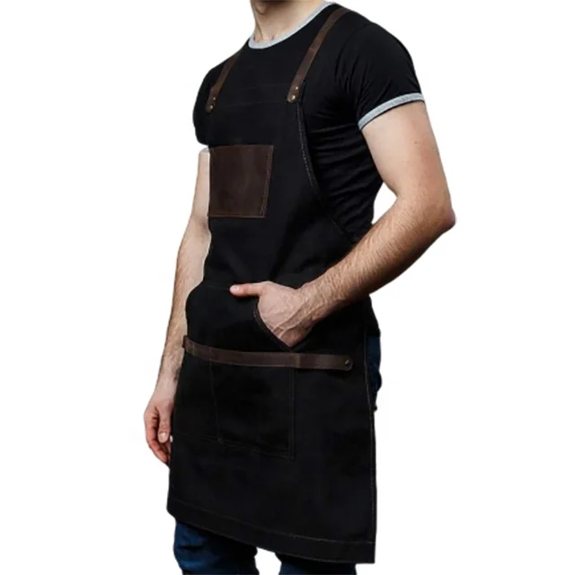 SunYue Working Apron Black Waxed Canvas with Cross Straps Adjustable For Men Women Vintage Heavy Duty Apron