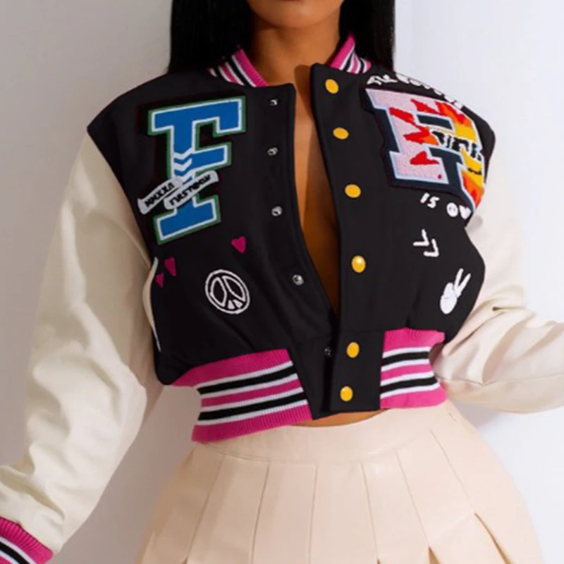 Wholesale Fashion Custom Logo Women Faux Leather Sleeves Letterman Casual Patchwork Cropped Baseball Varsity Jacket