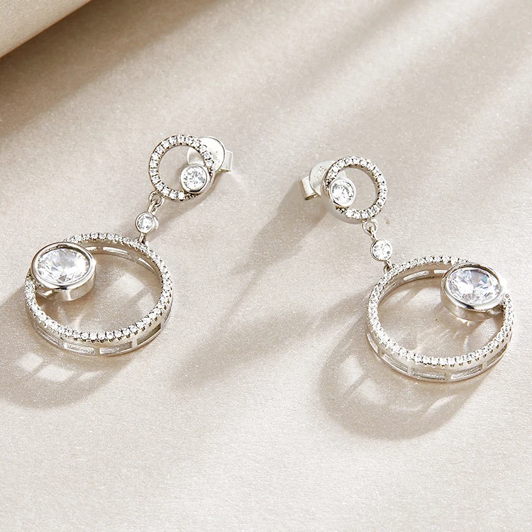 Fashion jewelry earrings 925 sterling silver paved CZ zirconia circle dangle earrings for women