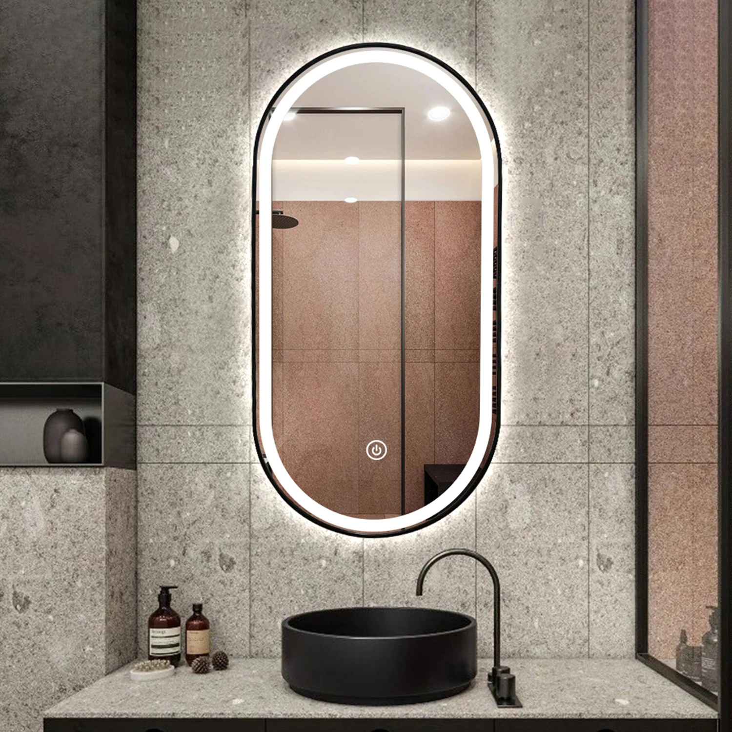 Waterproof Oval Shaped Aluminum Frame Wall Mount Bathroom Mirror with Touch Switch Infinity Mirror