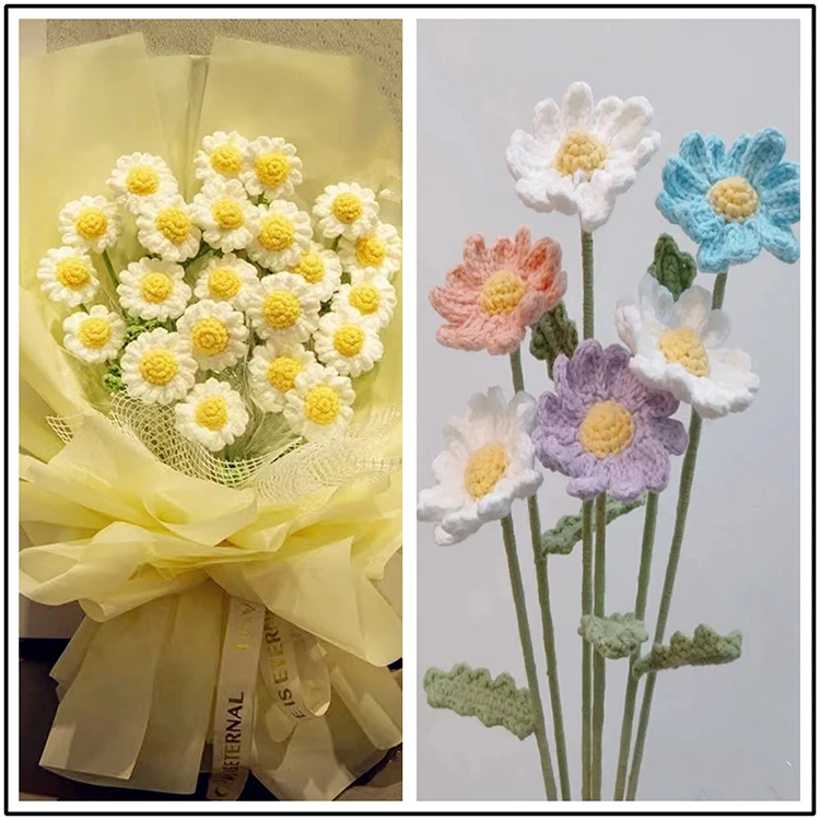 D055 Hot Sale Wedding Home Decoration Artificial Flowers Knitted Handmade Crocheted Daisy Bouquet Flowers for Birthday Gift