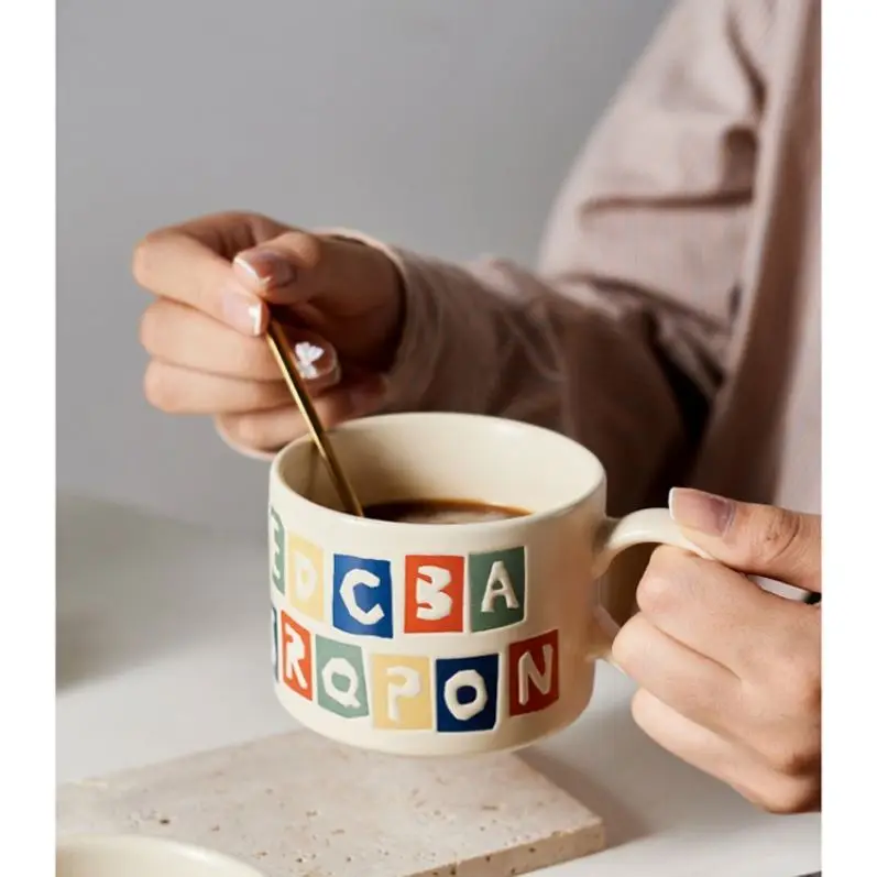 Wholesale 2024 New Creative Letter Embossed Ceramic Coffee Mugs Custom Logo Nordic Porcelain Milk Cup Tea Mugs
