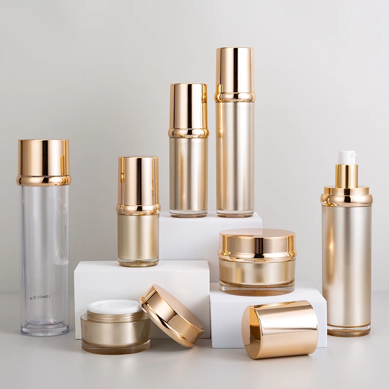 Cosmetic packaging acrylic cylinder bottle 120ml 100ml 50ml 30ml 15ml 50g 30g rose gold screw top makeup face toner round bottle