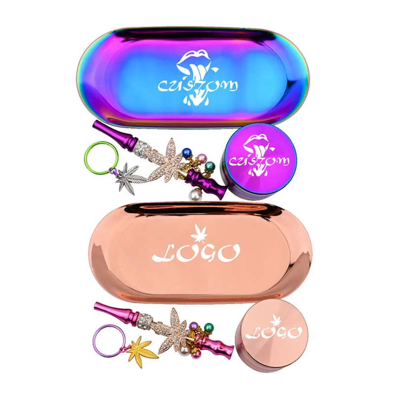 Custom Logo New 4 Layer Smoke Grinder with hookah tips rolling serving tray set