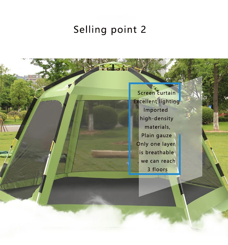 Pu Grade 4 Persons Hexagonal  Tourist Family Automatic Outdoor Waterproof Camping Tent