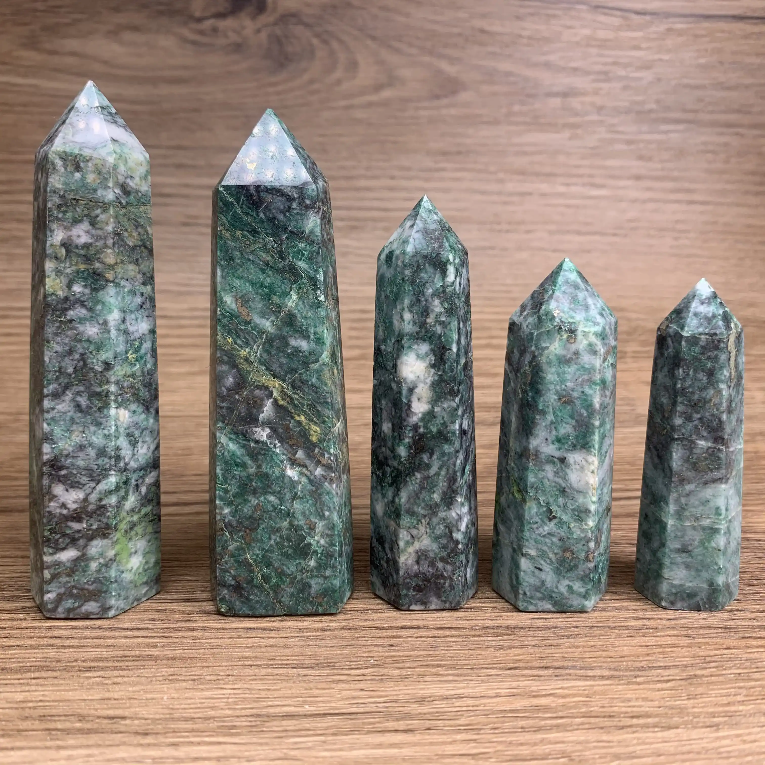 Wholesale Natural Crystal green jade with pyrite tower  Crystal wand point