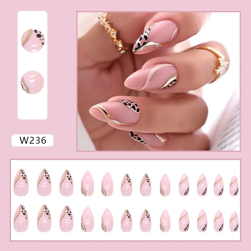 Luxury Designed Reusable Pink Nude False Nails Almond Acrylic Press On Nails Artificial Nails with Glue For Woman