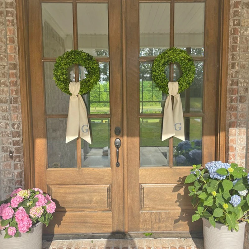 Embroidered Wreath Sash White Blank Neutral Door Decor Housewarming Gift Garland Sash Bow with Monogram Plain Basket Sashes