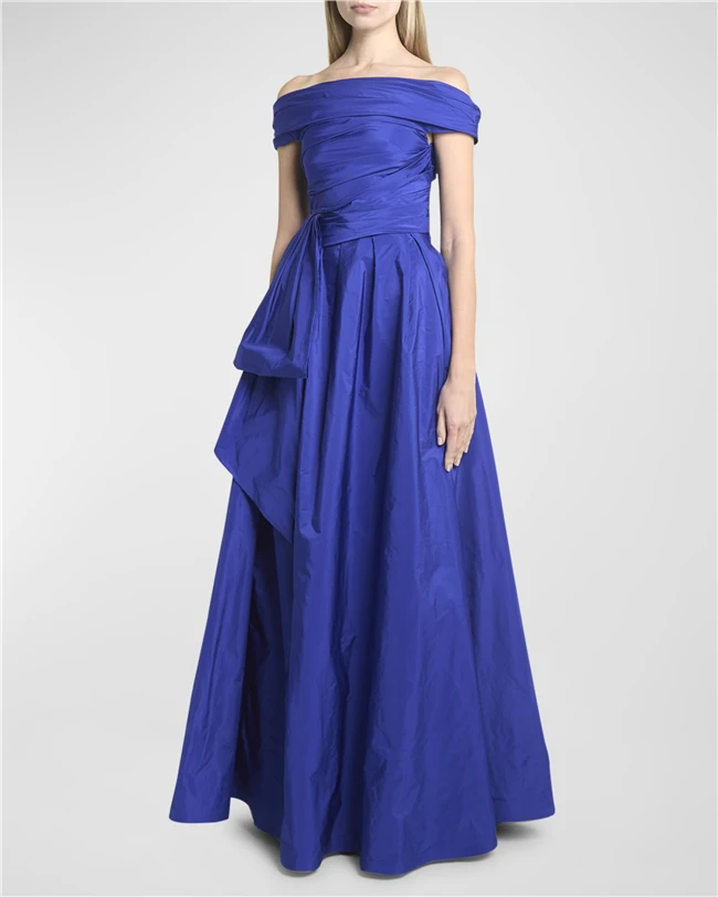 2025 Summer Modest Women Blue Off The Shoulder Bow Evening Ball Gown