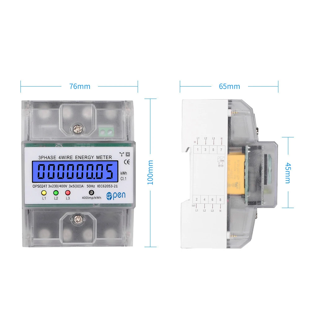 Din Rail 380V 80A 3 Phase 4 Wire Electronic Watt Power Energy Meter Wattmeter kWh LCD Backlight Display With Transparent Cover