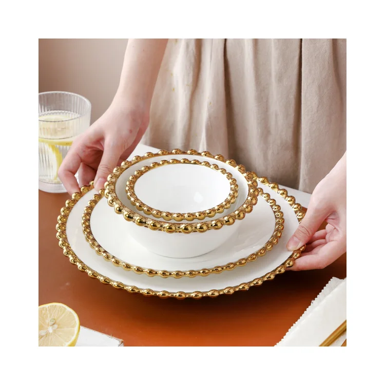 Factory direct sale customizable white ceramic tableware rim with gold beads