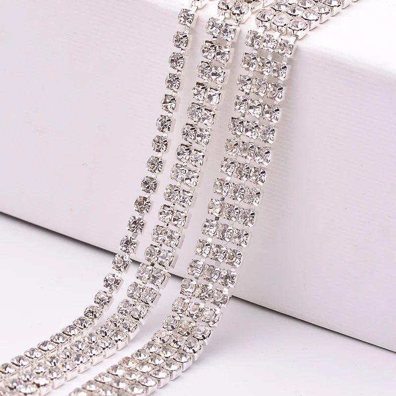 JUNAO 1 2 3 Rows SS12 Sil ver Crystal Trim 10 Yard Clear Glass Rhinestones Chain Sewing Stones Ribbon For Jewelry Dress