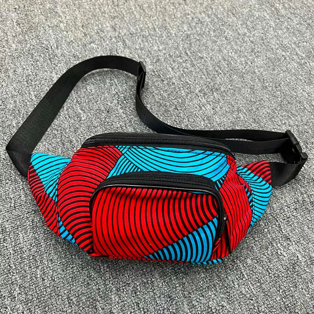 Fannypack in african ankara wax fabric multi-pockets unisex sport waist bags adjustable zipper bags