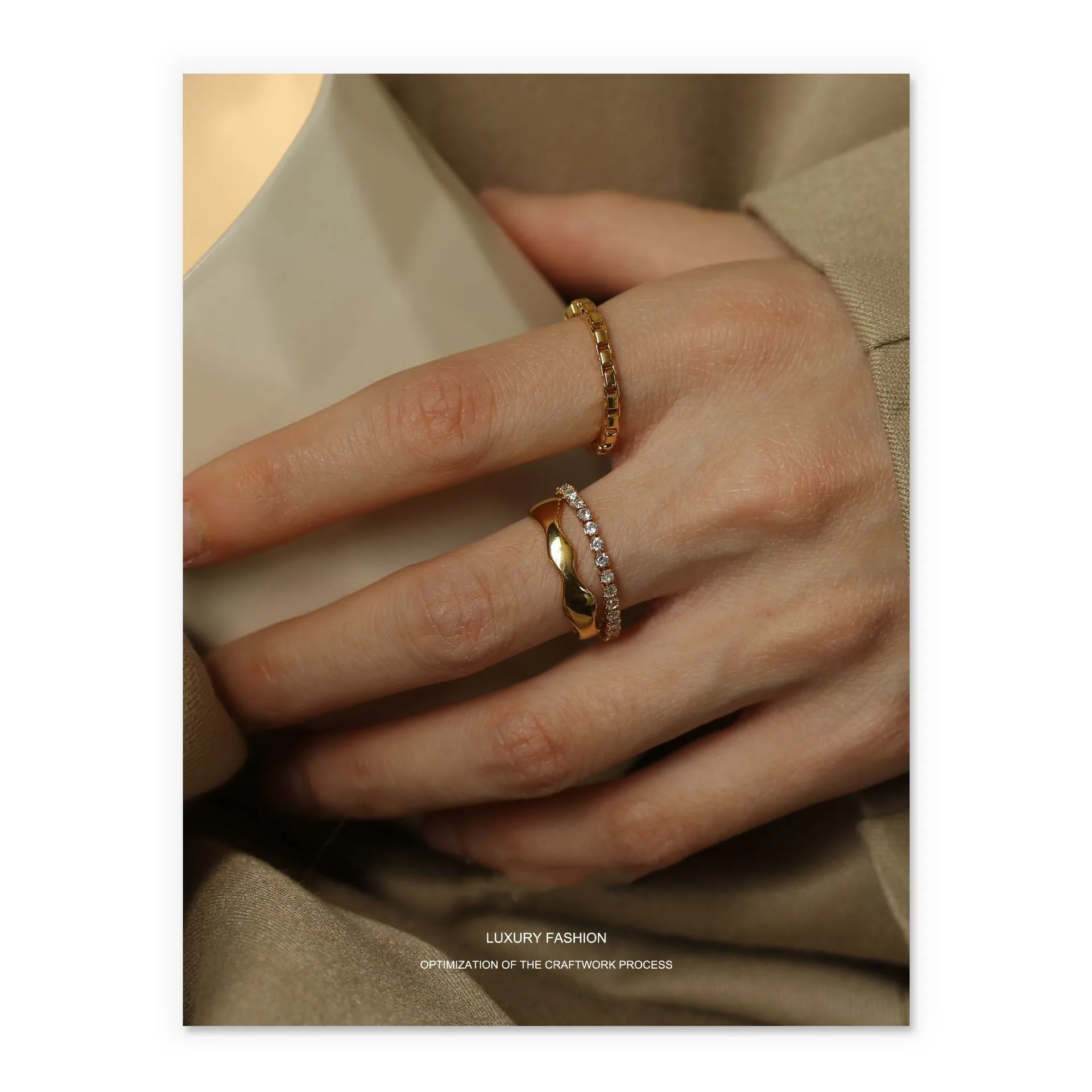 Elegant personality plated real gold ring with zircon chain thin ring for women