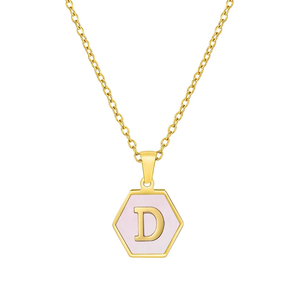 Stainless Steel New Fashion 18K Gold Plated Necklace Initial Charm  Jewelry Hexagon Initial Letter D Necklace