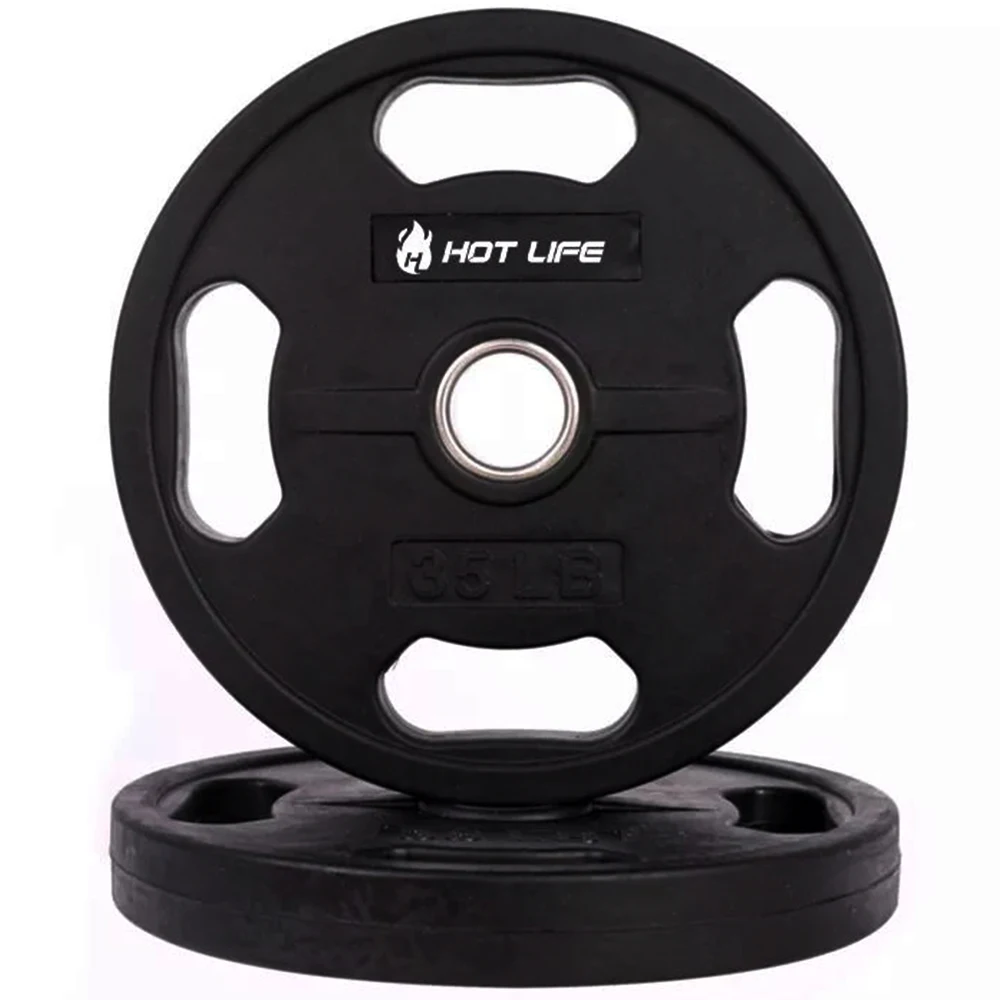 Hot Life Exercise Bodybuilding Custom Logo Black Rubber Coated Weightlifting Weight Plates Gym Equipment Barbell Plate