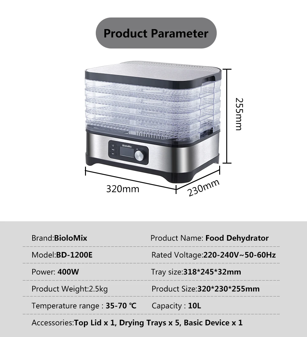 BioloMix BPA FREE 5 Trays Fruit Dryer Food Dehydrator with Digital Timer and Temperature Control for Vegetable Meat Beef