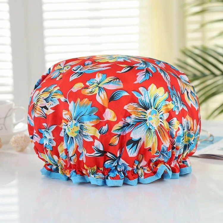 New Fashion Women Small Dot Double-Layer EVA Waterproof Satin Lace Shower Cap