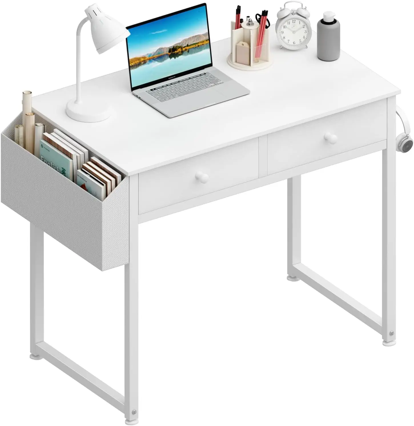 Small White Writing Table 32 Inch Home Office Computer Desk with Fabric Storage Drawer and Bag