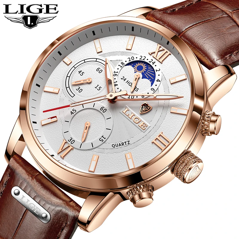 LIGE  Men Casual Quartz Watches Clock Leather Waterproof Chronograph Date Watch + Gift Box