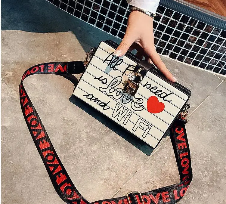 Hot Hiphop Design Square Box Handbag Graffiti Printed  Lock Purse With Embroidery Adjustable Strap