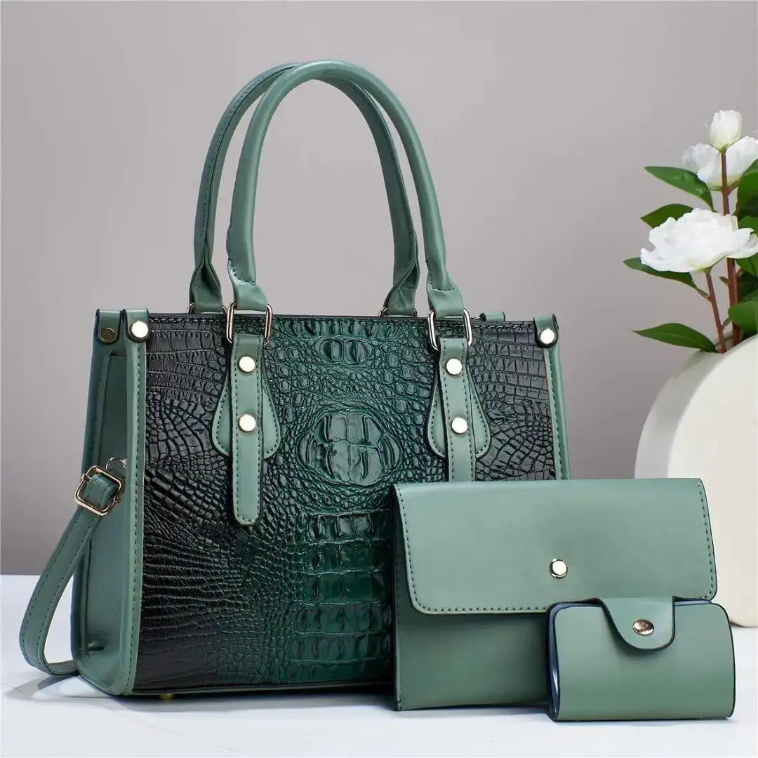 New Design Ladies Crocodile Pattern Handbag Large Capacity Tote Bags 3 pcs Handbag Set For Women