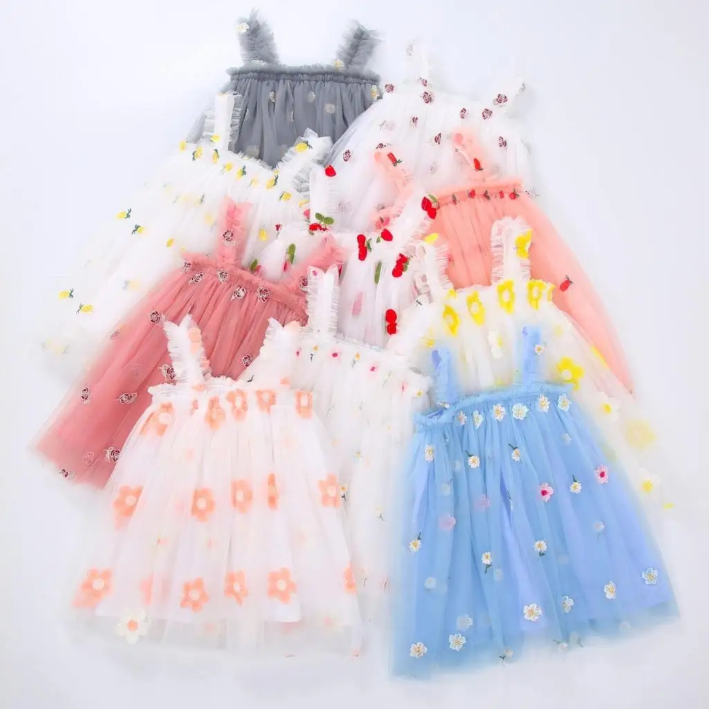Wholesale casual daisy floral embroidery sleeveless toddler baby girl tulle dresses