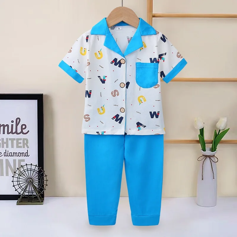 2023 Summer Korean Ins Kids Clothing Sets Children Short Sleeve Trouser Cotton Cartoon Round Neck suit
