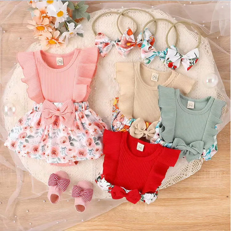 Wholesale O-Neck Sleeveless Baby Girls Romper Dress Set Solid Color Pit Stripe Bow Print Dress Headband