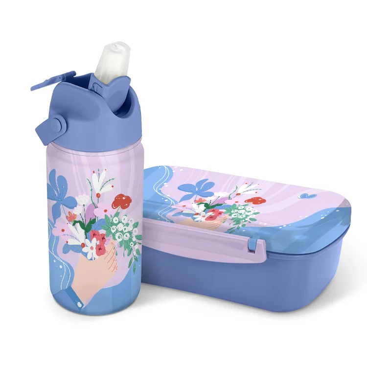 Custom Logo Compartment Leakproof Durable Plastic Bento Lunch Box for Kids with stainless steel water bottles gift sets