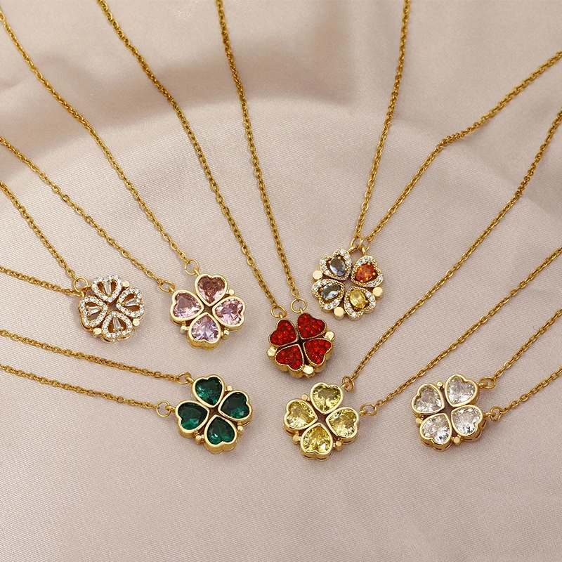 Fashion Jewelry valentines day gift Folding Magnetic 4 hearts lucky 4 Leaf Clover Pendant 18k Gold Stainless Steel  Necklace