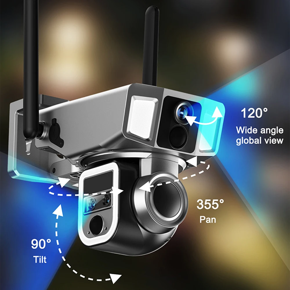 10x Zoom Triple Lens 2k Wireless Security Camera 4g Cctv Solar Camera Network Sim Card Solar Battery Power Ip66 Waterproof