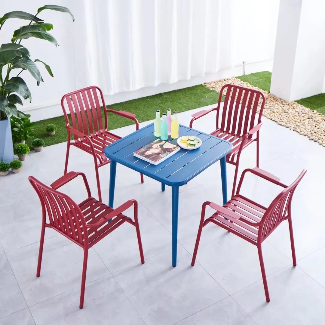 Outdoor red milk tea shop coffee shop all aluminum tables and chairs combination courtyard garden balcony leisure furniture