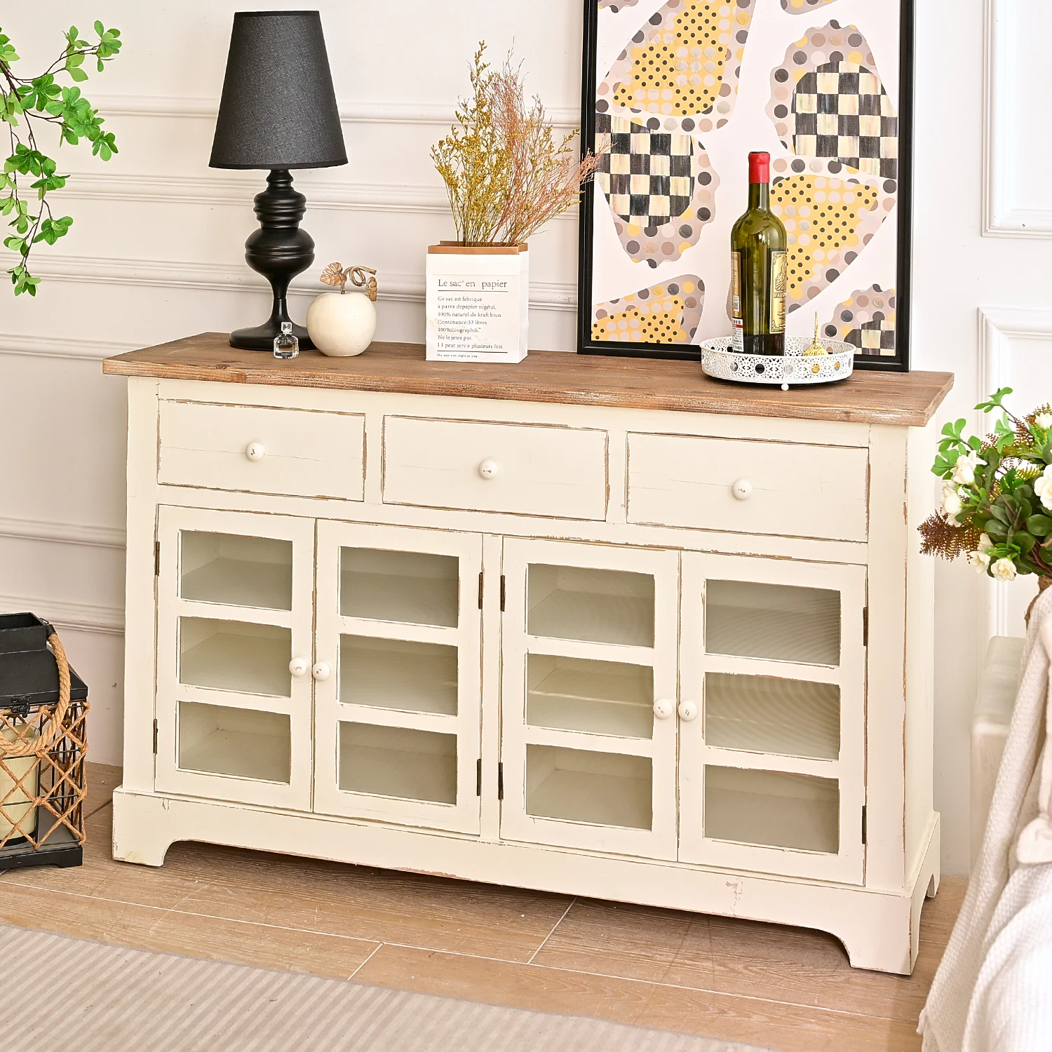 INNOVA Rustic Living Room Furniture 3-Drawer Wooden Cabinet with Glass Door White Color for Farmhouses and Modern Home Decor