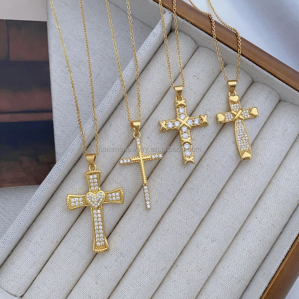 Wholesale Brass with 18k colour Plated Center Heart-Shaped Zirconium Cross Chain Necklace